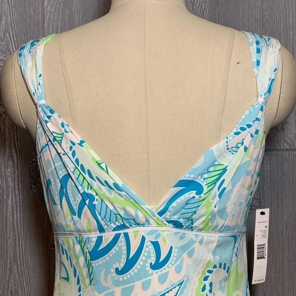 Elie Tahari Blue & Green Print Silk Dress 10 Fits like 6 NWT - Picture 5 of 7